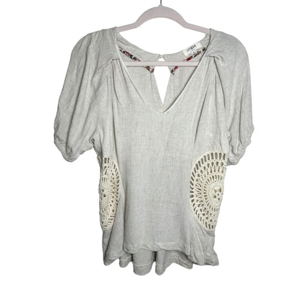 Umgee Linen Blend Crochet Side Panel Puff Sleeve Boho Top M - Picture 2 of 7